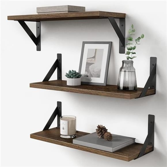 Rustic Floating Shelves Wall Mounted Set of 3, 17 Inch Natural Wood Wall Shelves - Picture 1 of 5